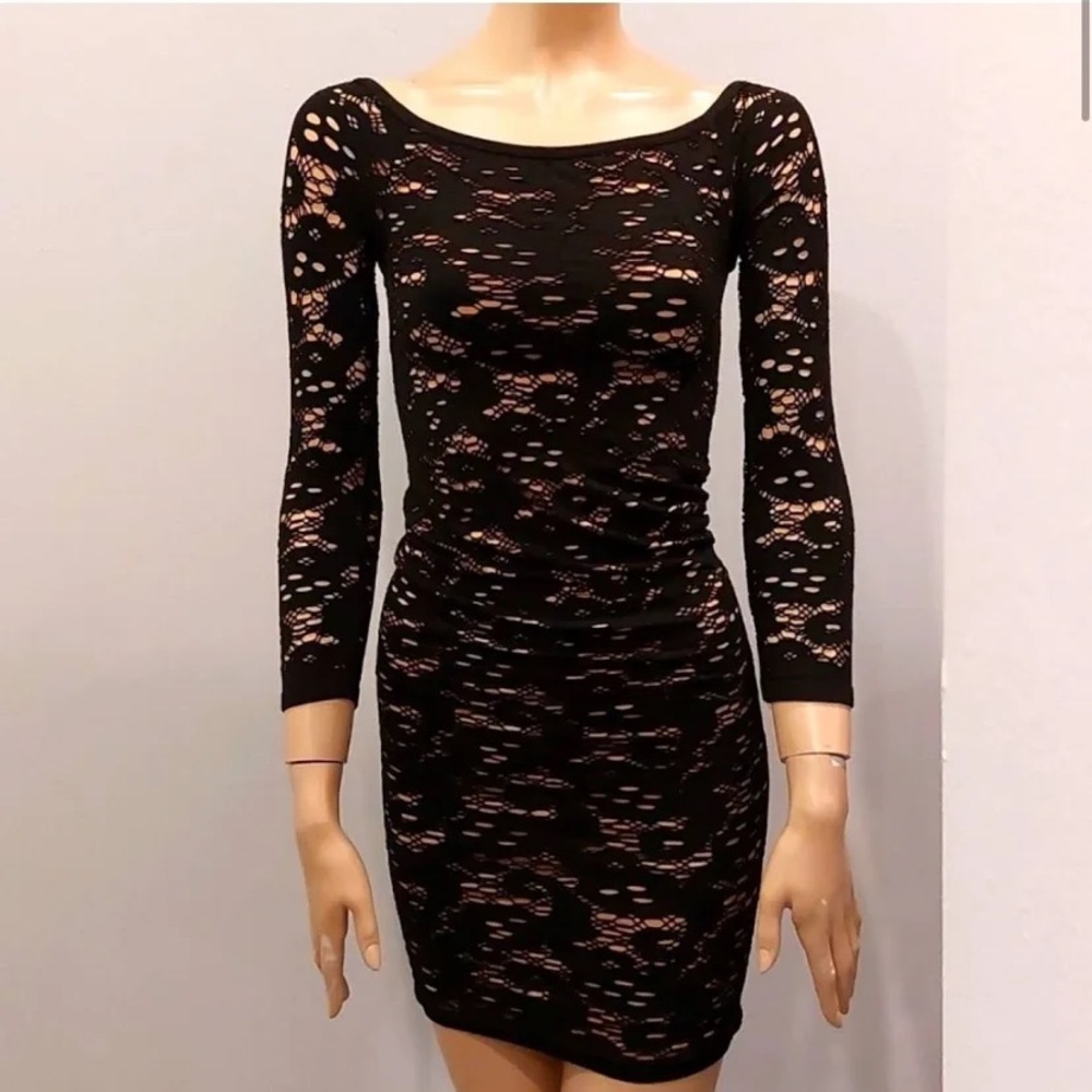 Guess Black Lace Long Sleeve Dress